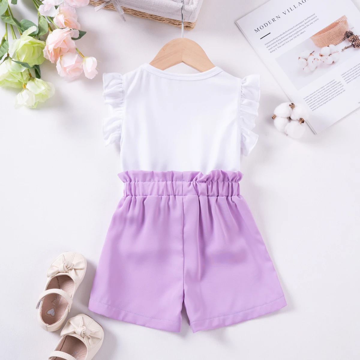 세트 플라이 슬리브 반팔 반바지, 귀여운  소녀, 캐주얼 투피스, 달콤한 여름 세트