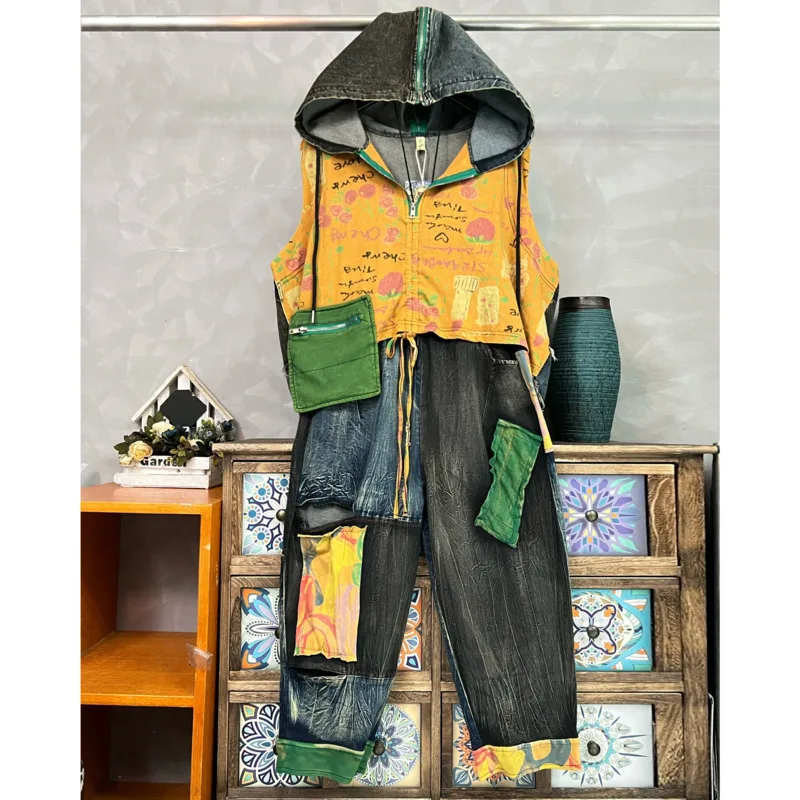 LYUZHE 2025 Summer New Women Sets Contrasting Colors Distressed Denim Sets Patchwork Hooded Vest Ankle-Length Pants Sets HLX060B 2