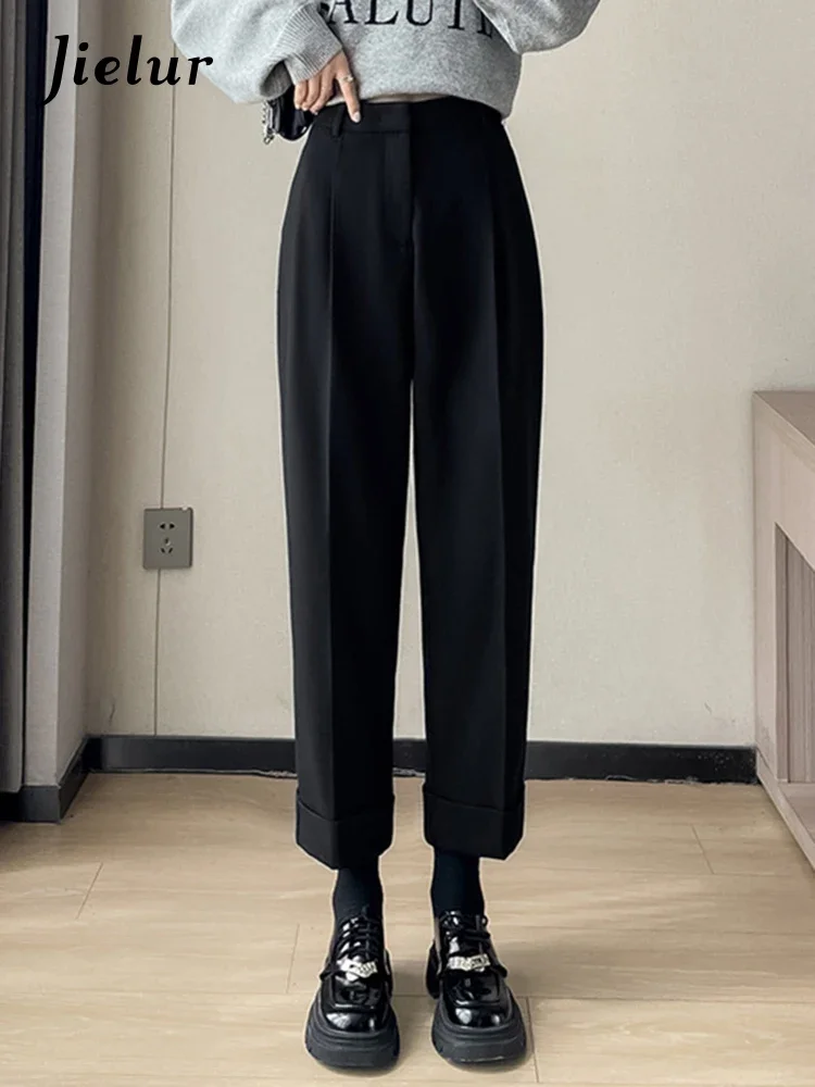 Jielur New Thick Cuffs Loose Fashion Harem Pants Solid Color Casual Straight Winter Simple Female Trousers Chic Office Ladies