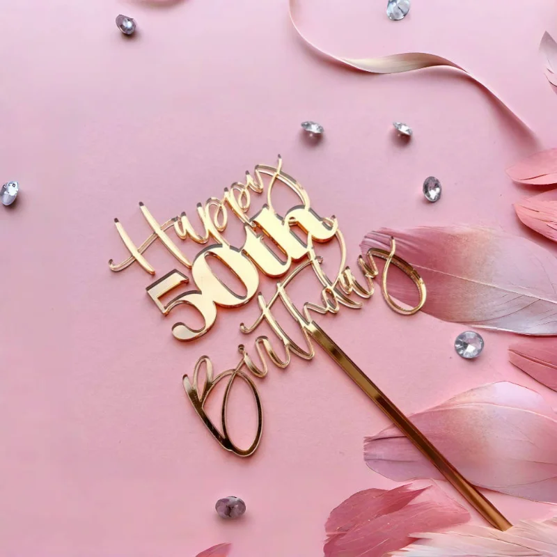 New Cake Topper 50 Golden Acrylic Happy Birthday Cake Topper for Birthday Party Cake Decoration