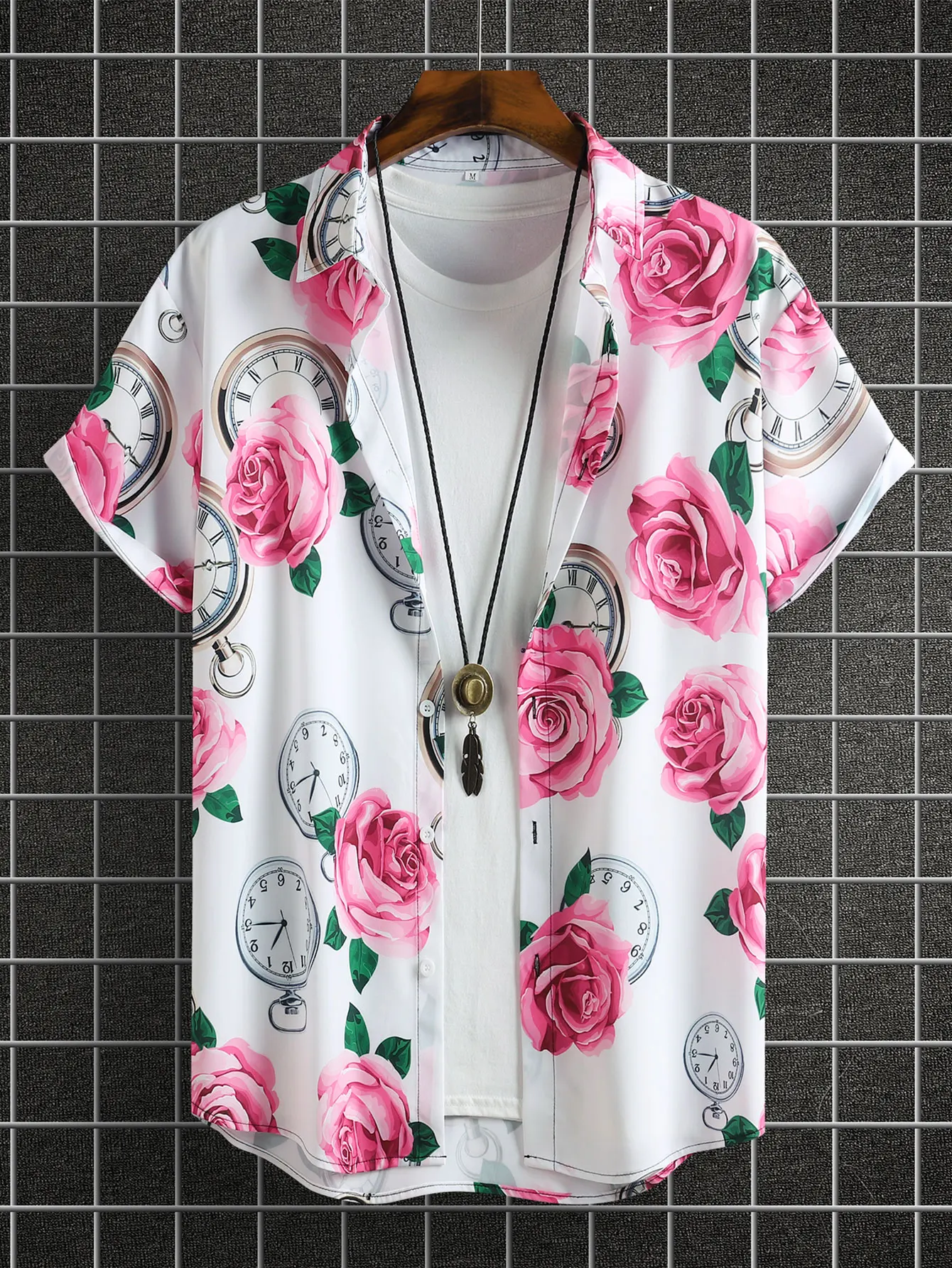 Rose Pattern Men's Short Sleeve Button Down Lapel Shirt Summer Casual Printed shirt