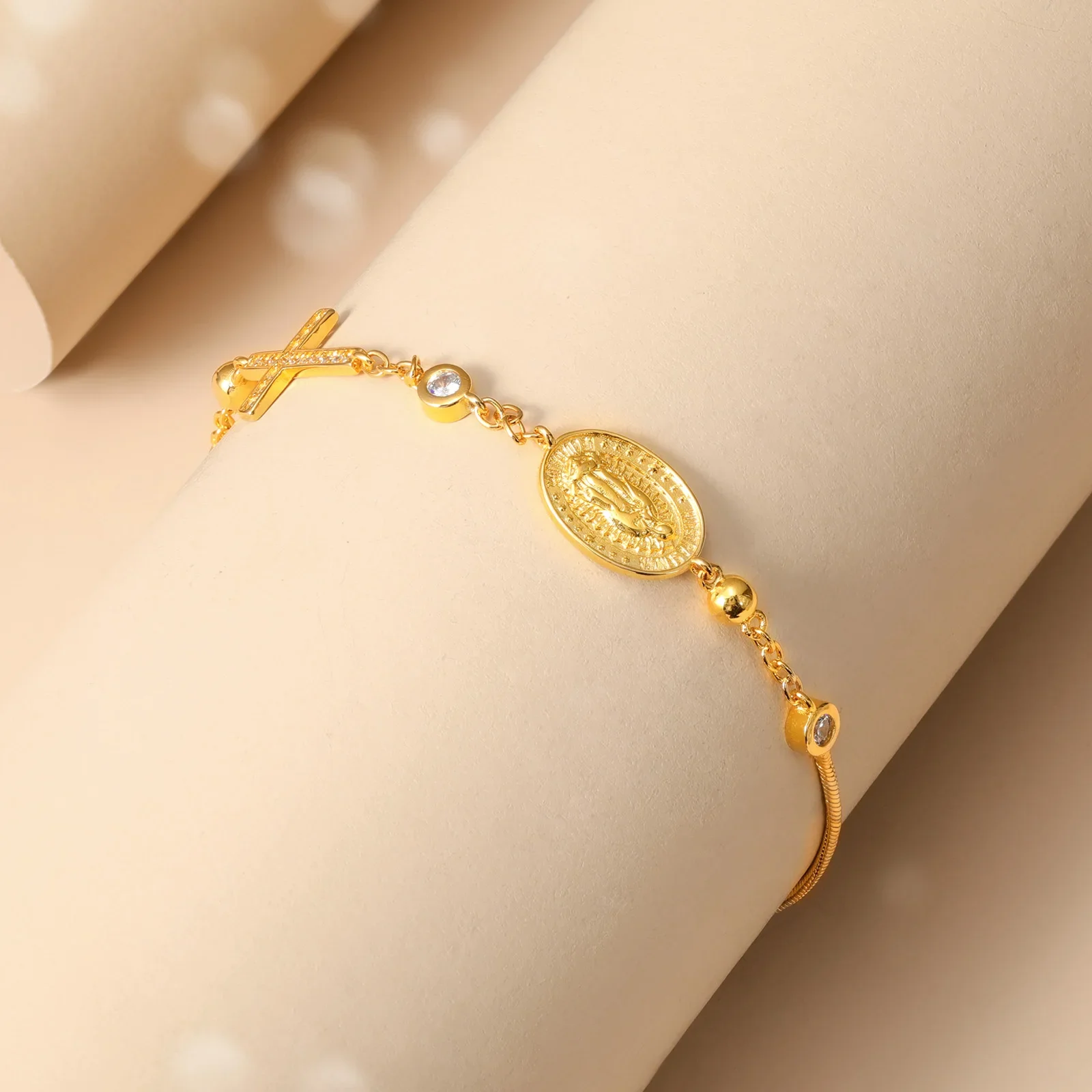 CZ Crystal Bracelet for Women Girls Gold Plated 925 Sterling Silver Religious Cross and Virgin Mary Prayer