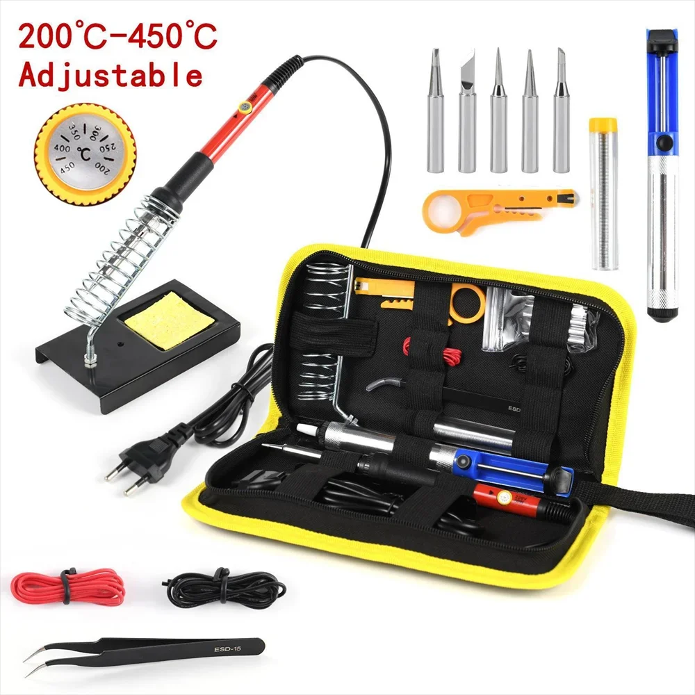15-piece set 220 volts 60 watts soldering iron set 450 ° adjustable temperature soldering tool kit with tin wire EU plug solder sucker