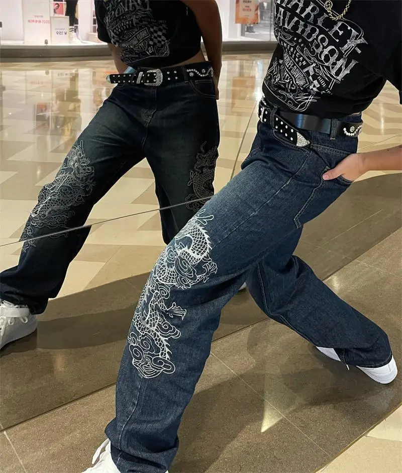

Women's Dragon Embroidery Straight Baggy Pants, Female Jeans, High Waist, Loose, Draped Sense, Floor Trousers, Streetwear, Y2k