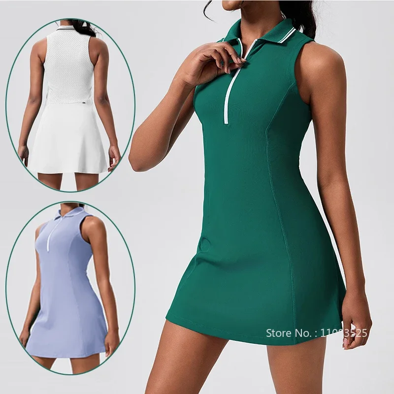 Sleeveless Zipper Collar Tennis Dresses Women Workout Athletic Tennis Skirt Dress Slim Golf Dress with Shorts and Pockets