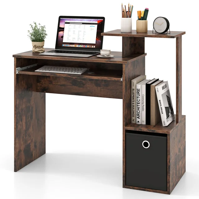 GOFLAME Space-saving Computer Desk with Open Shelf and Fabric Storage Drawer