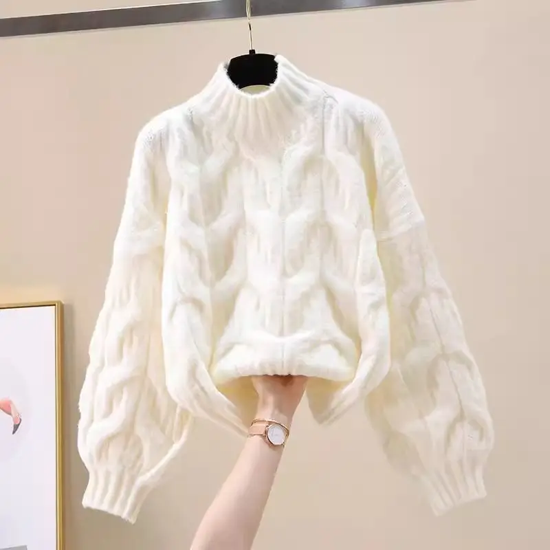 Women's Autumn Winter New Loose Tracksuit Matching Set Korean Elegant Half High Neck Knitted Sweater+casual Pants Two-piece Suit