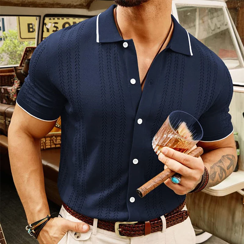 

Summer Vintage Knitted Shirts Men Classic Turn-down Collar Buttoned Short-sleeved Slim Shirt For Mens Knitwear Casual Cardigans