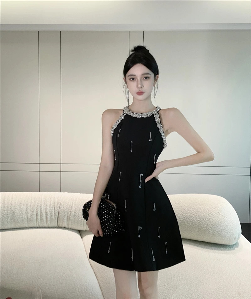 Summer Women's Mini Dress Luxury Fashion Black O-neck Shine