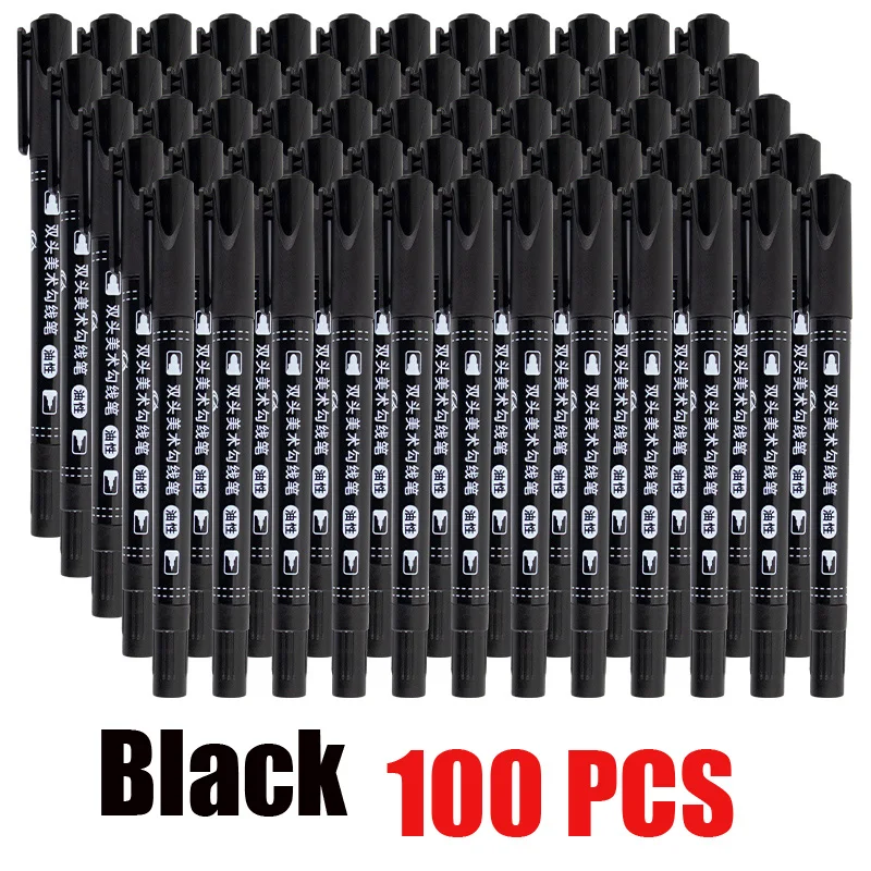 Marker Pen 100pcs Double-head Oily Black