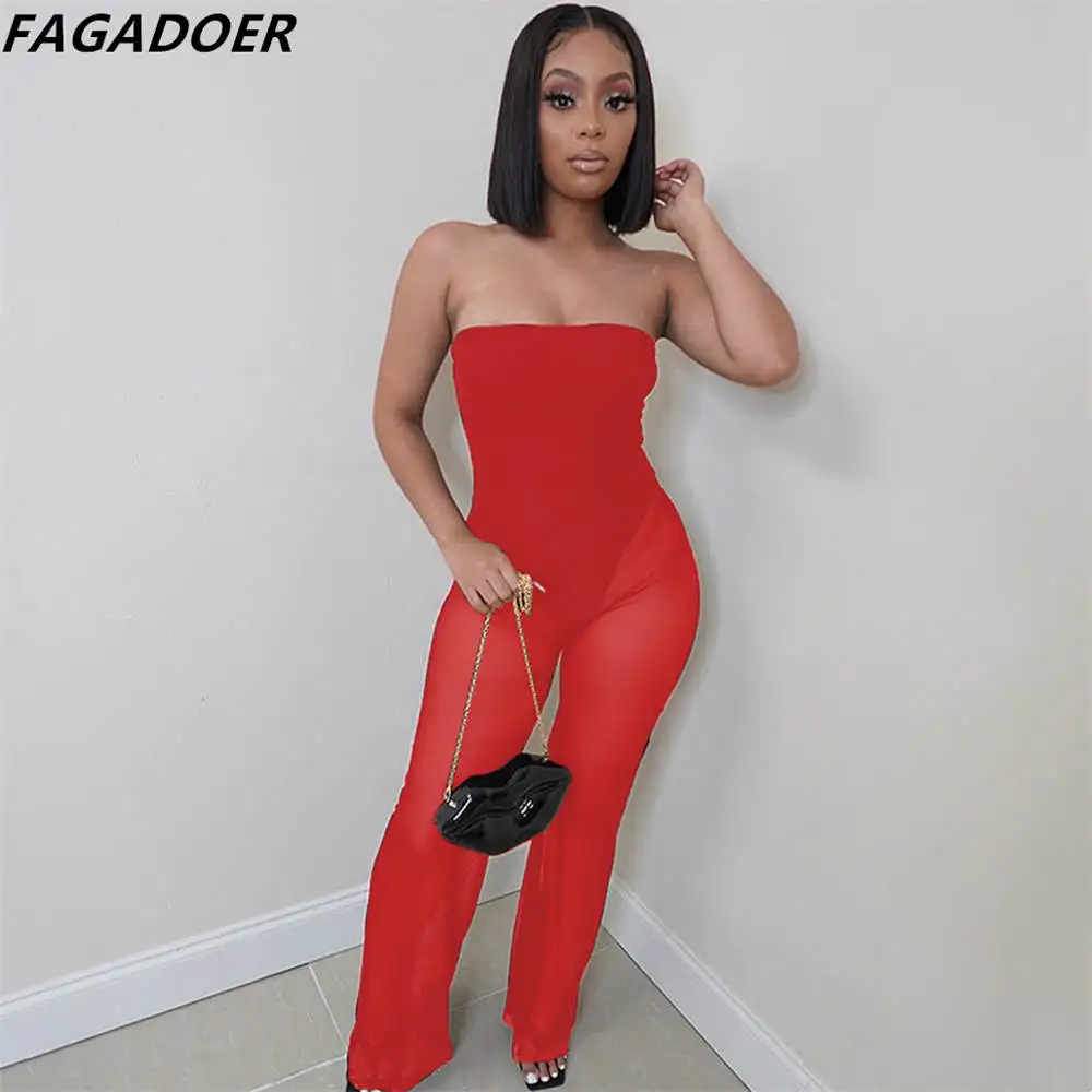 FAGADOER Sexy Mesh Off Shoulder Jumsuits Women Solid Color Slim One Piece Playsuit Summer Female Nightclub Party Overall Clothes