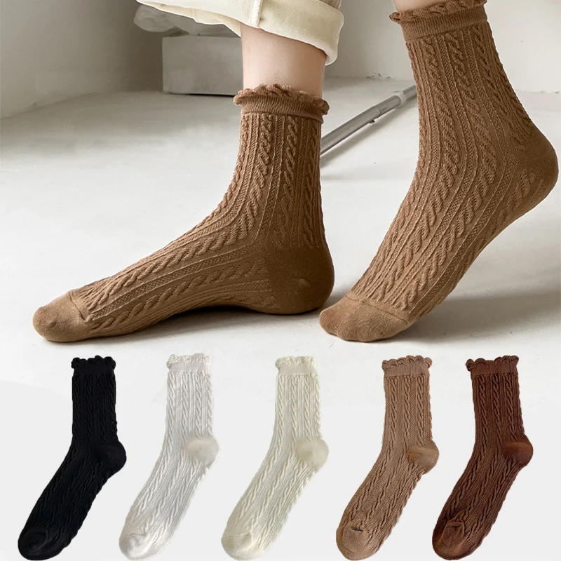 

Breathable Mid-Tube Socks For Women Summer And Spring Cotton Socks Solid Color Lace ruffle socks Female Bubble Mouth Pile Socks