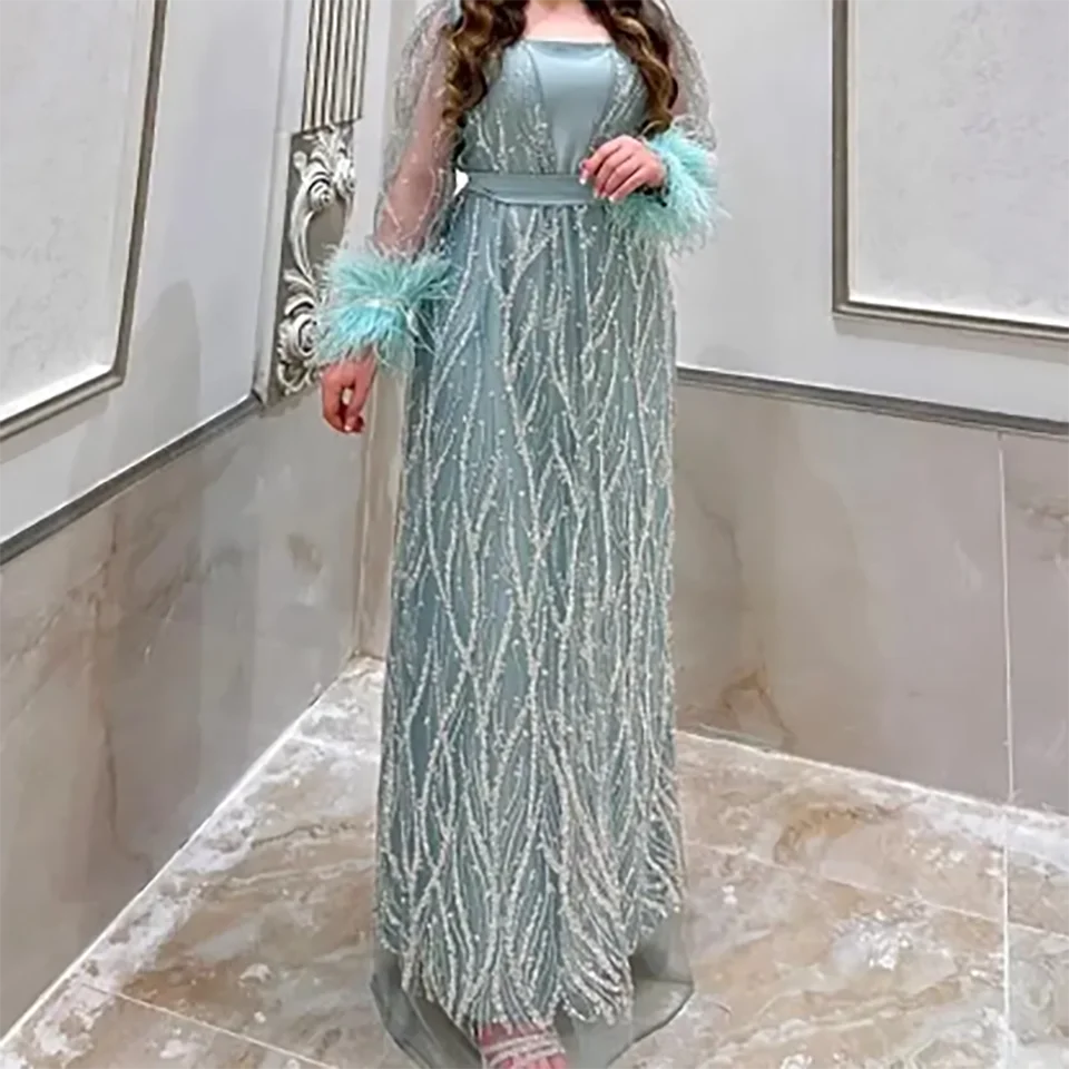 Customized Feathers Beaded Sequin Long Sleeves Evening Gala Wedding Dresses 2026 Floor Length Satin Tulle Bridal Gowns For Women
