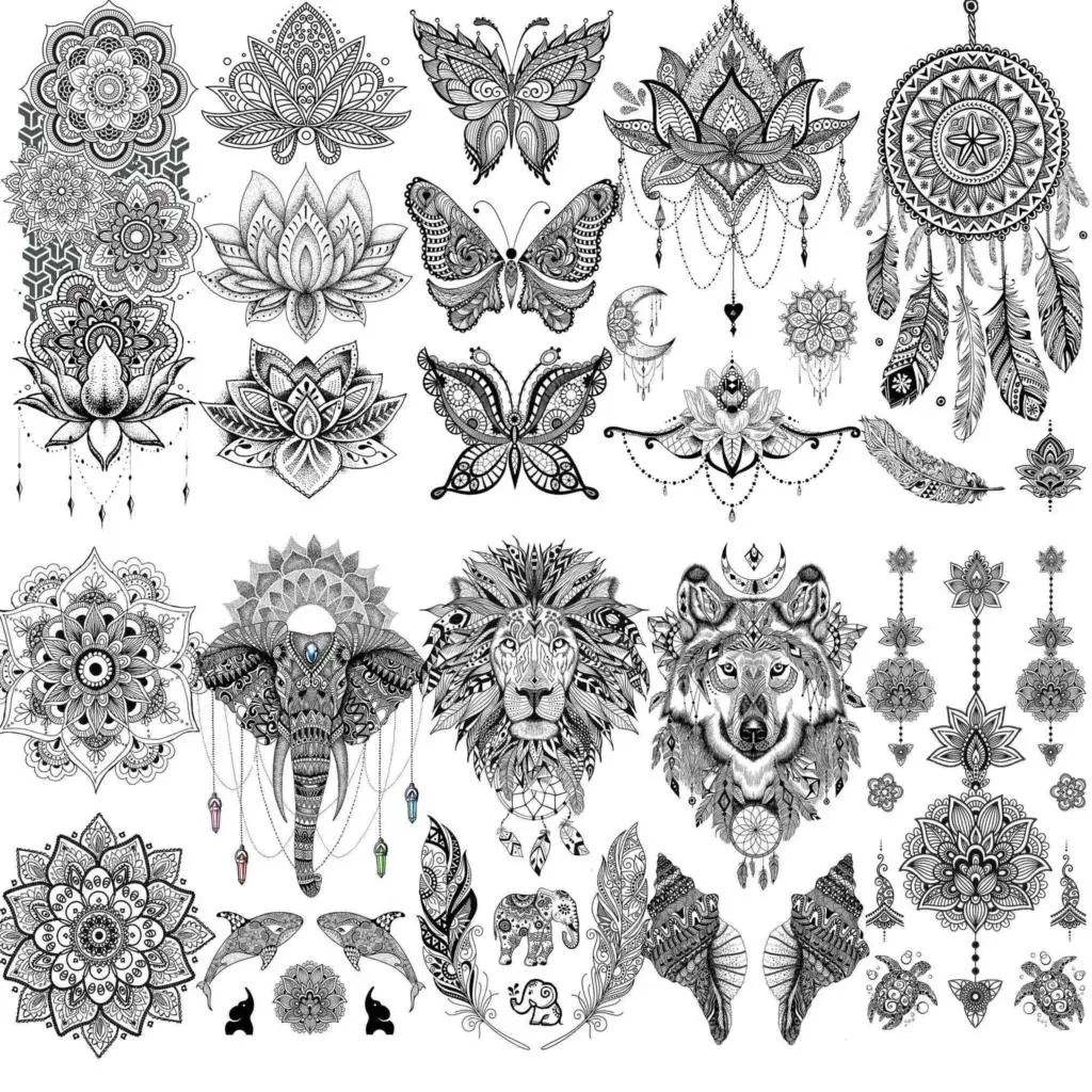 

10 Sheets Black Henna Temporary Tattoos For Women Girl Arm Tattoo Fake Mandala Flower Tribal Animals Tattoo Sticker Dreamcatcher