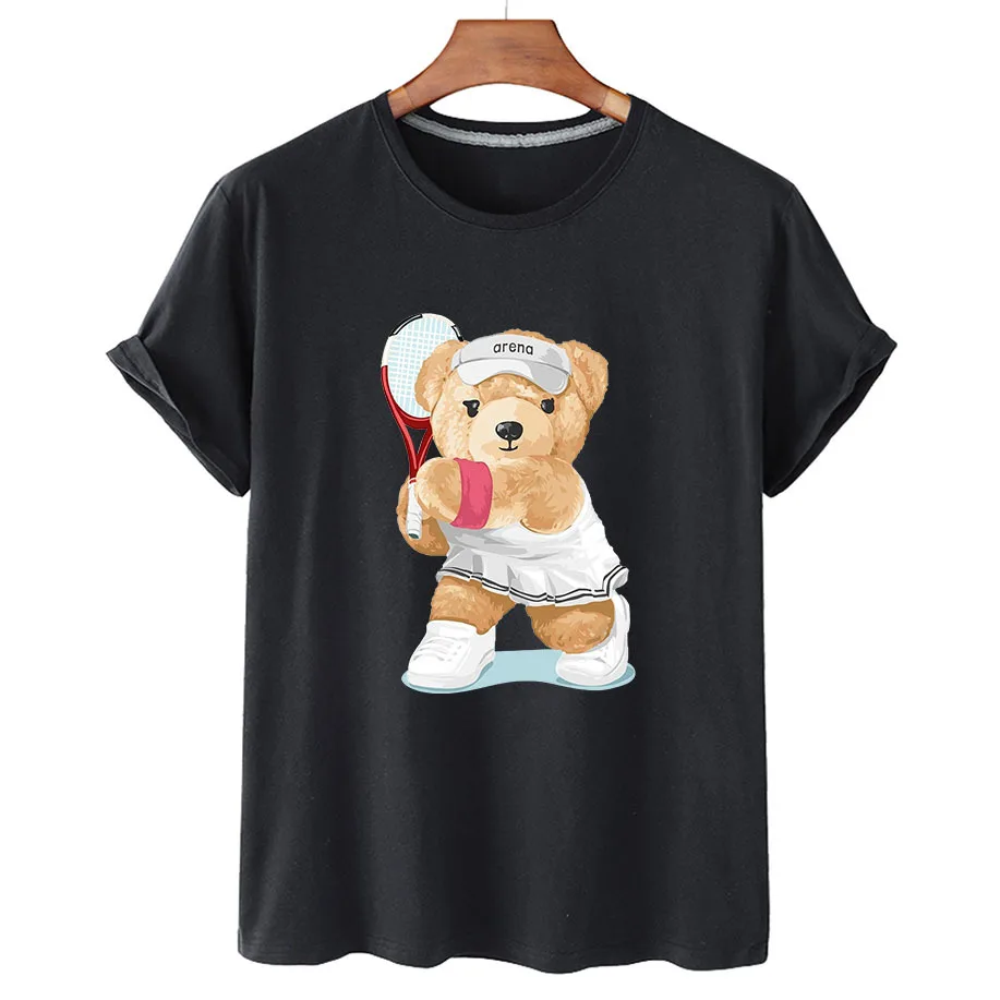 

100% Cotton Tennis Bear T-shirts Summer 2022 T-shirts Women's Short Sleeve O-neck T-shirts Unisex Plus Size Women's T-shirts