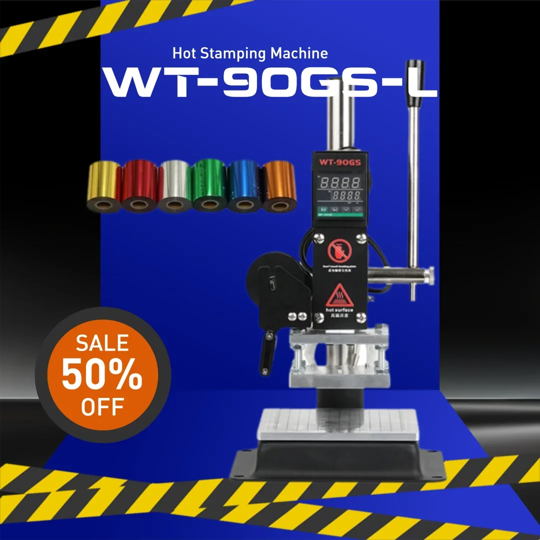 Heißprägemaschine 90GS 100 x 130 mm Prägedrucker Digitalanzeige-Version mit Ständer 6 Rollen Folienpapieraufkleber Folienpresse