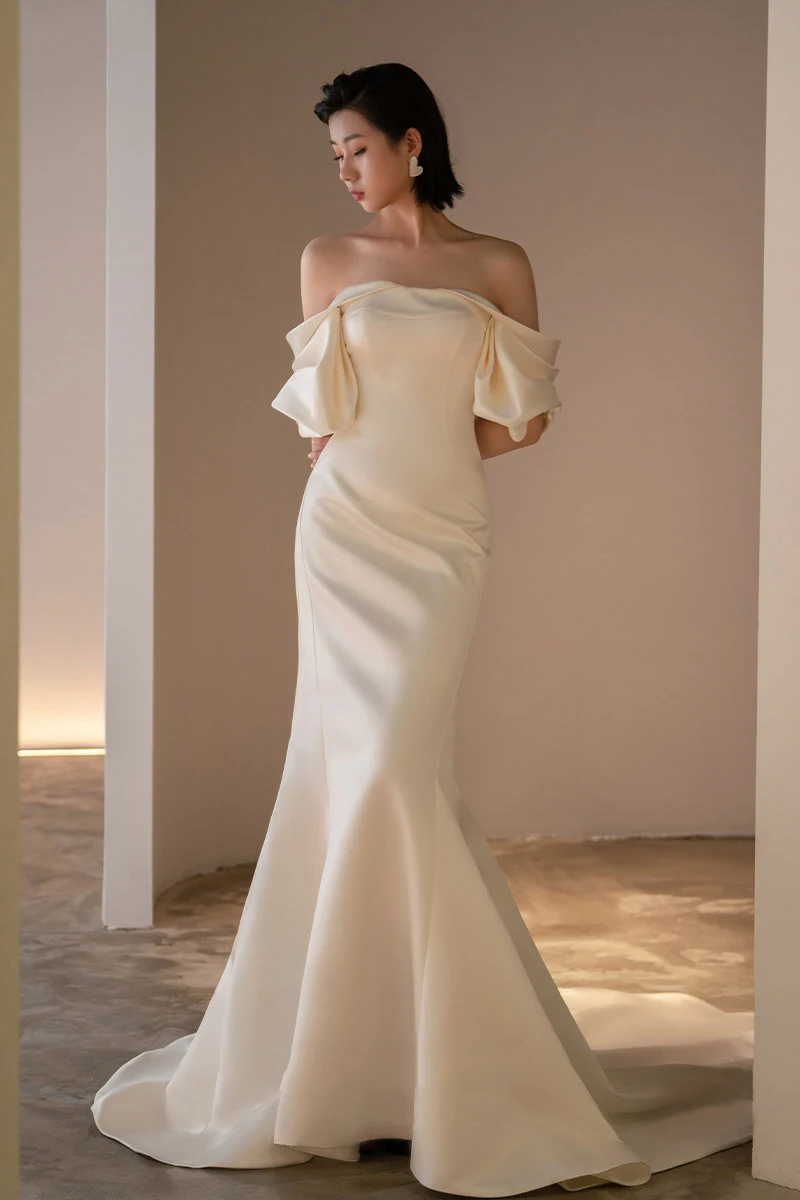 

Женское свадебное платье с юбкой-годе, элегантное белое платье с открытыми плечами и шлейфом, свадебные наряды, официальное платье, свадебное платье