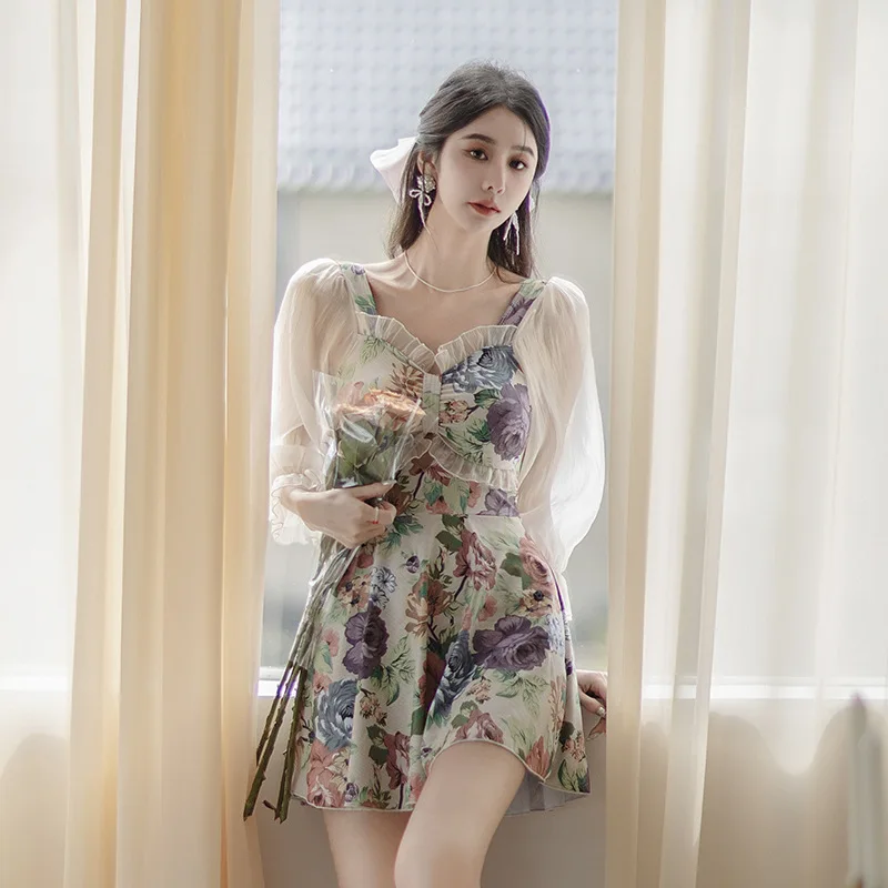 

2023 Flower Sweet Women Long Sleeve One Piece Swimsuit Conservative Plus Size Hot Spring Swimwear Holiday Bathing Suit