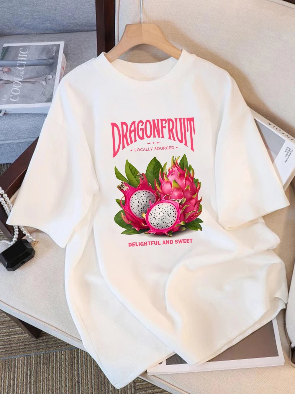 Sommer-T-Shirts aus 100 % Baumwolle für Damen, Drachenfrucht, lokale Versorgung, Drucke, Tops, weich, locker, O-Ausschnitt, kurze Ärmel, Urlaubs-Frau-Kleidung – Detail 7
