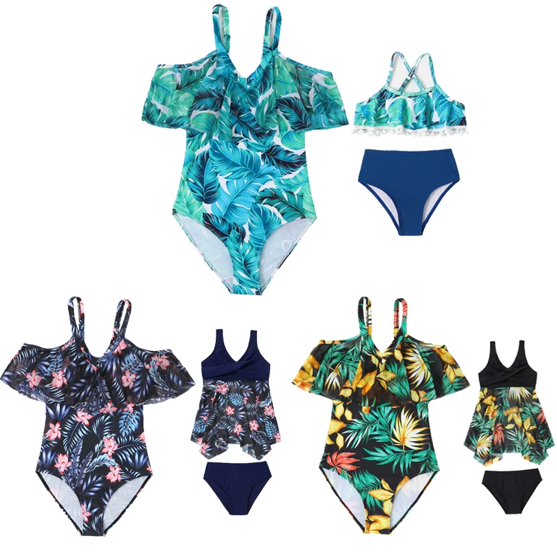 

Family Matching Swimsuits Tropical Plant Print Splicing Ruffle One-Piece Swimsuit And Two Pieces Mother Daughter Girls Swimwear