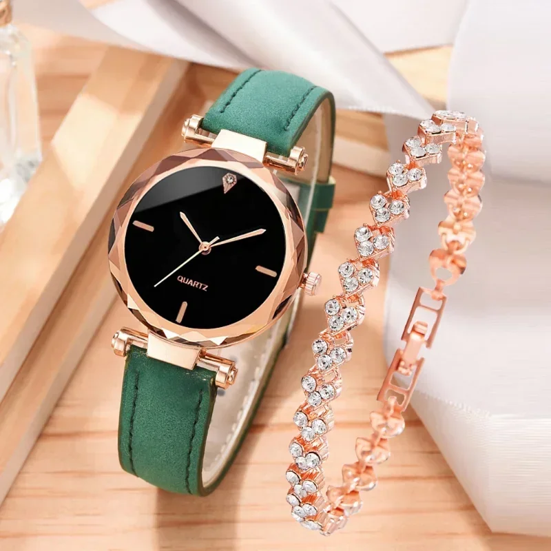 2PCS Set Watch For Women Luxury Leather Analog Ladies Quartz Wrist Watch Fashion Bracelet Set Female Relogio Feminino