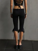Women Capri Pants Solid Color Elastic Waist Tie-Up Summer Casual Cropped Pants Stretch Crop Leggings - Image 2