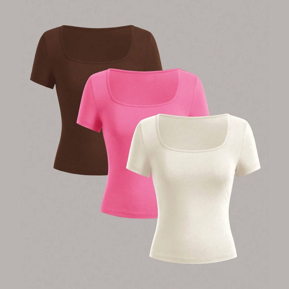 女性のためのセクシーな半袖Tシャツ,Uネック,ベーシックな韓国のトップ,痩身,無地,ファッショナブル,y2k,夏,3個
