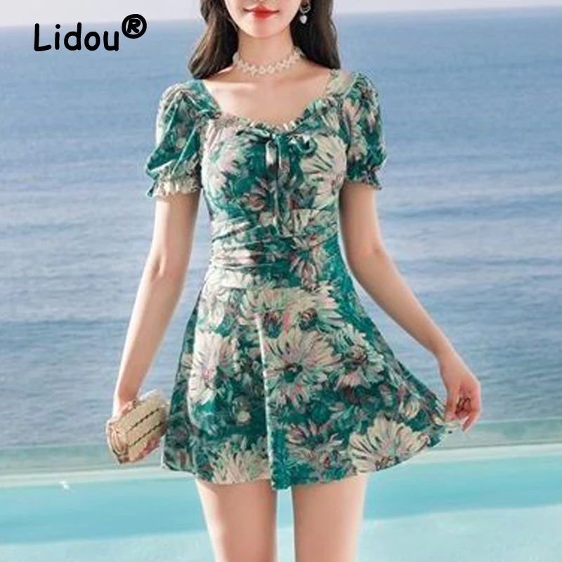 2023 Summer Women Floral Print Ruffle Lace Up One Piece Swimsuit Slim V Neck Short Sweet Sweet Push Up Mini Dress Beach Swimwear