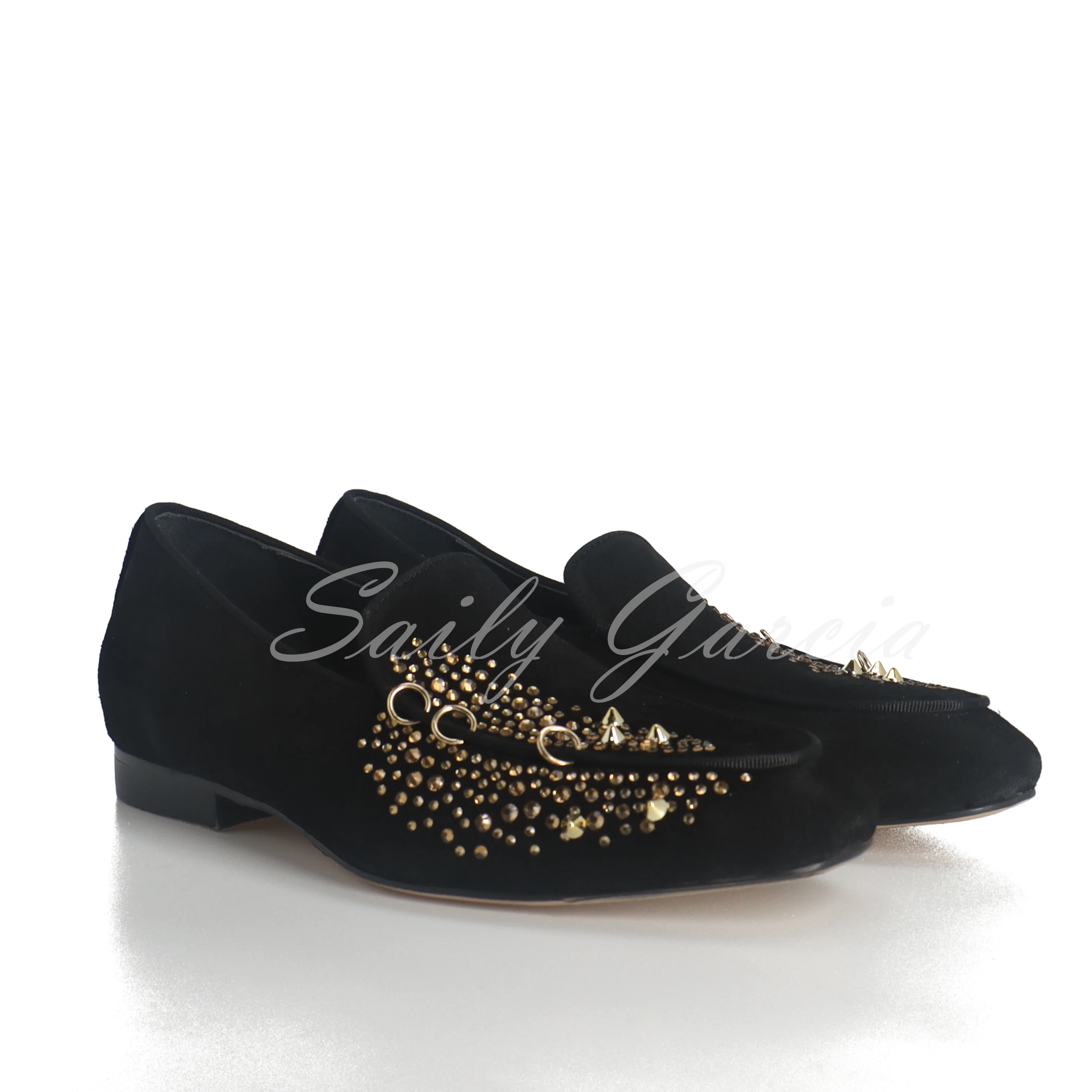 Metal Decoration Studs Spike Male Shoes Black Glitter Loafers Shoes Men Handmade Runway Shining Rivets Party Wedding Shoes