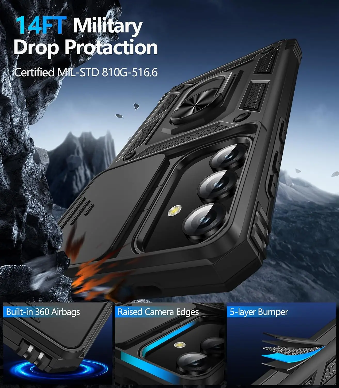 Military Grade Armor Protective Kickstand Cover with Slide Camera Lens Protection
