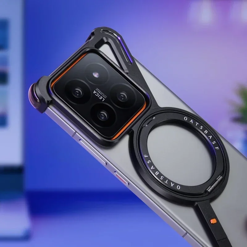 Eary Metal Phone Case for Xiaomi 14/14Pro/14Ultra Magnetic Frameless Shockproof Protector Cover with 360° Rotatable Stand Shell