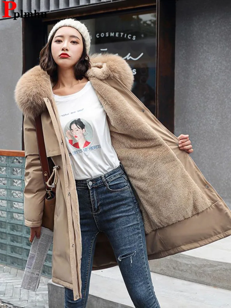 

Winter Warm Faux Fur Collar Hooded Long Parka Chaqueta Korean Thicken Women Overcoat Jaqueta Chic Solid Snow Wear Parca Ceketler