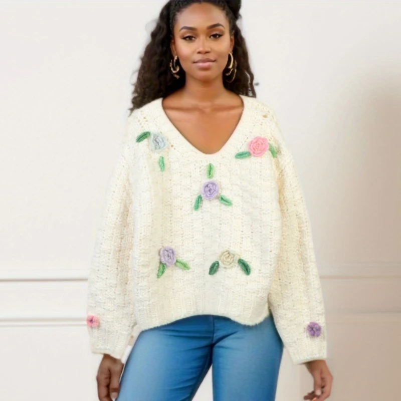 

Autumn Winter New Women's Clothing Flower Appliques V Neck White Pullover Sweater Women Long Sleeve Loose Thick Knit Top