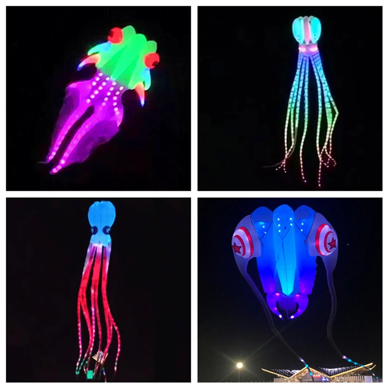 free shipping 20m led octopus kites flying trilobites kite for adults kite string line windsurfing led fish kites with battery