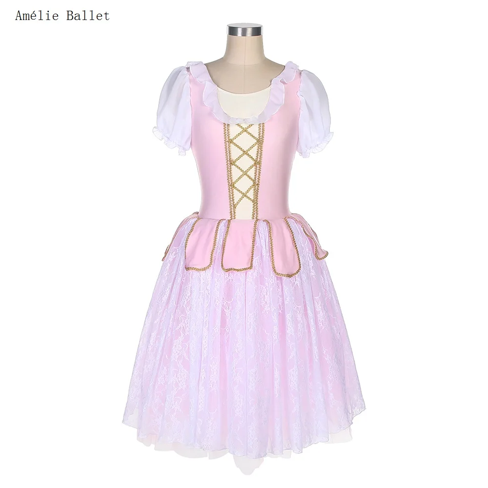 

22042 Puff Sleeves Pink Spandex Bodice Attached Romantic Long Tutu Skirt for Girls and Women Stage Performance Dancewear