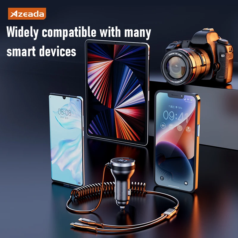 Gadgetoo Azeada 160W Usb Type C Fast Car Charger With Elastic Cable Portable For Iphone 15 14 Pro Max Tablets Gps Xiaomi 13 Oneplus Oppo