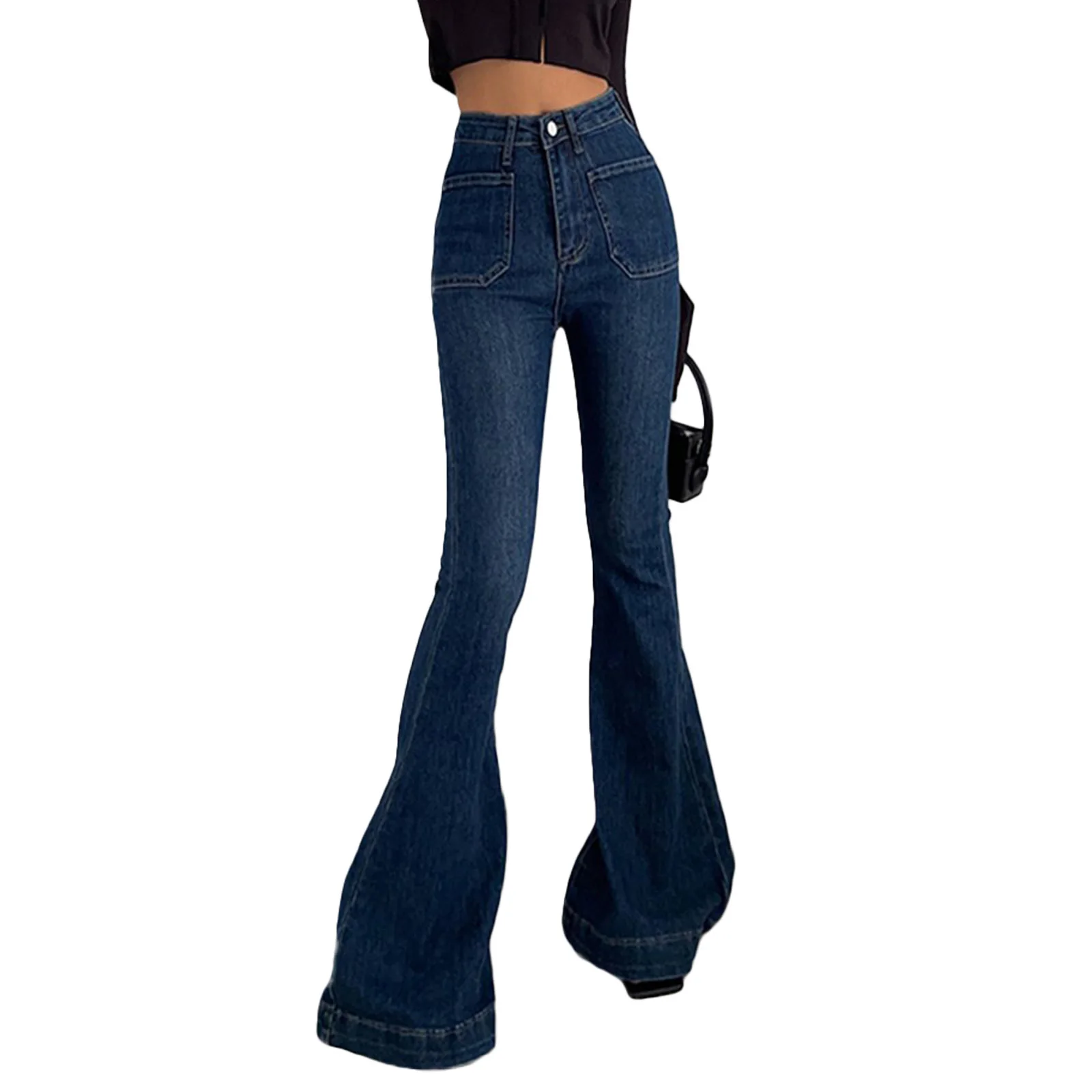 

High Waist Women Fashion Flare Jeans Solid Color High Waist Pockets Denim Pants Spring Autumn Casual Slim Trousers Streetwear