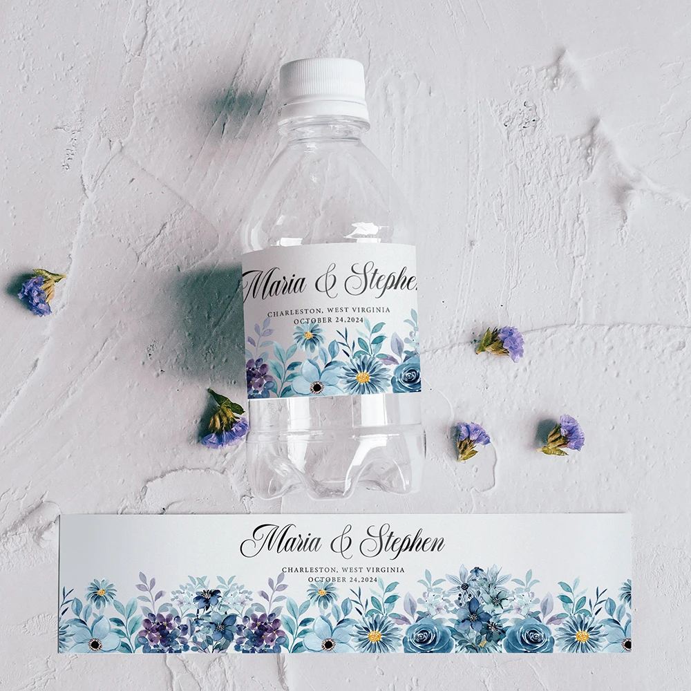 thumbnail image 1 of Etiquetas personalizadas para botellas de agua, 30 unidades, con motivos florales, para bodas, con nombre personalizado, fecha, baby shower, fiesta, vegetación, 1 of 5