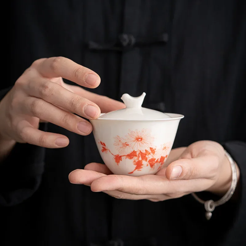 

Hand Painted Porcelain Kung Fu Tea Set, Ceramic Tea Ceremony Bowls, White Porcelain, 4 Gentlemen in Flowers, Covered Bowl