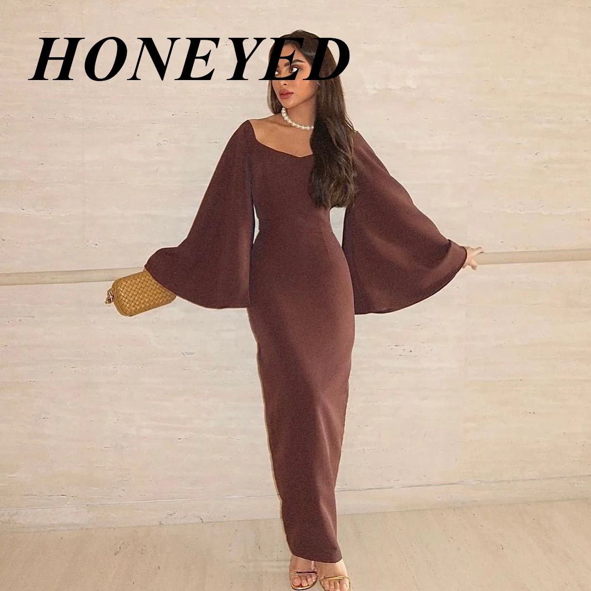 

HONEYED 2024 Simple Long Sleeves Evening Ankle-Length Party Gowns Fashion Sweetheart Floor-Length Formal Prom Dress Plus Size