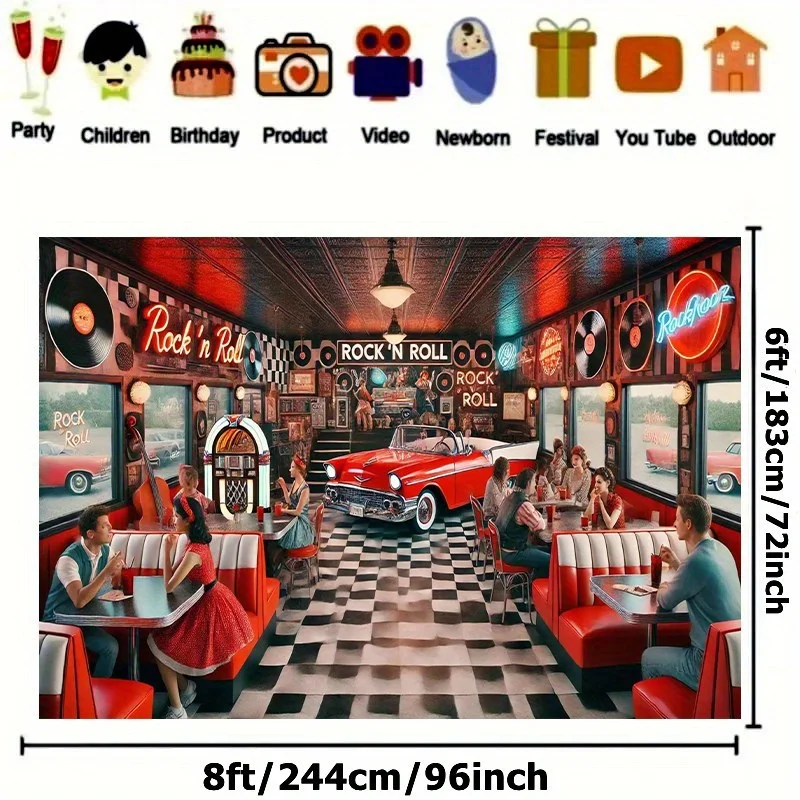 1 Stück 2D-Flachbanner mit Retro-Restaurant- und rotem Auto-Motiv aus der Rock-Ära, Partybanner aus Polyesterfaser – Detail 2