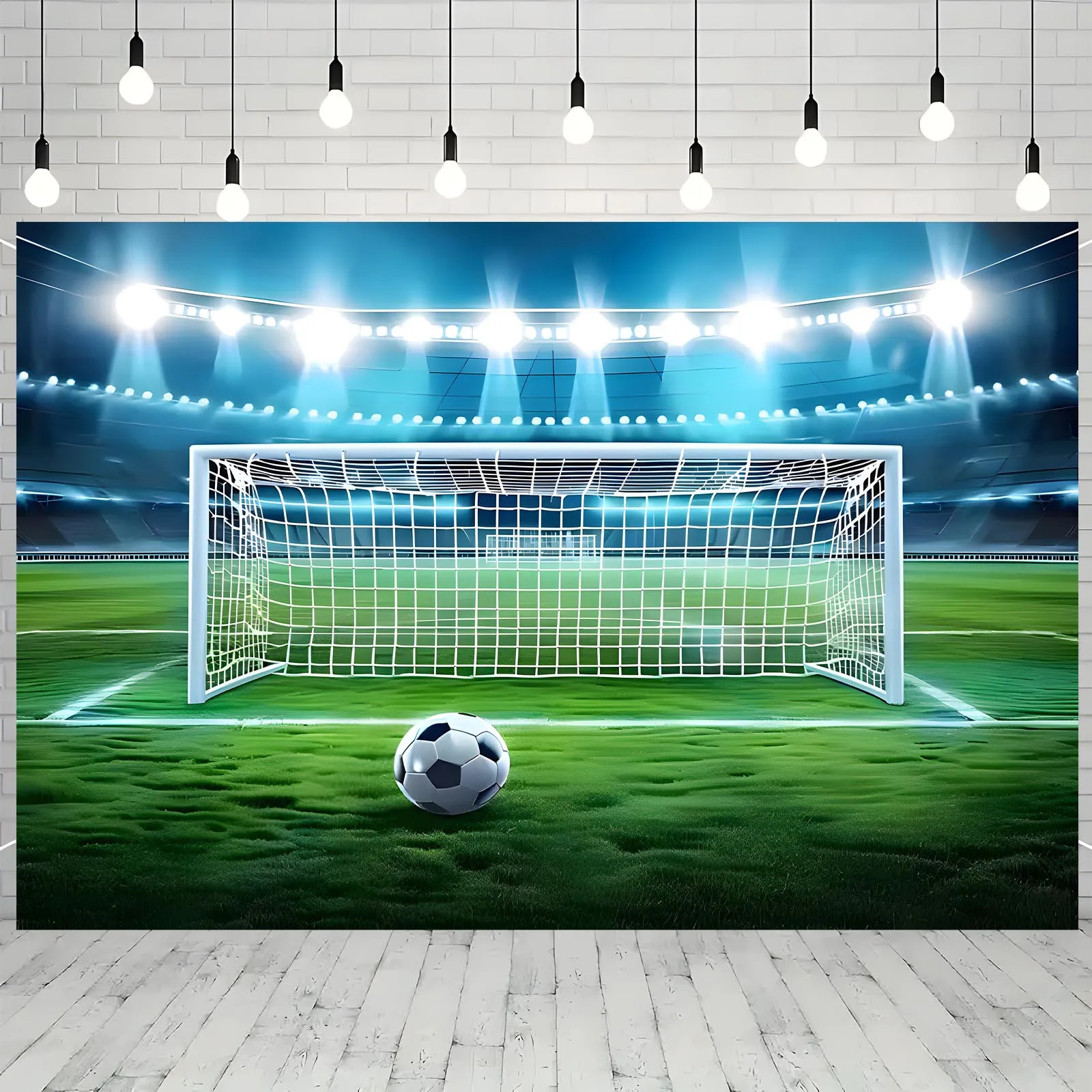 Football goalpost and ball background banner - a vibrant sports scene with white goalposts, green grass, and football