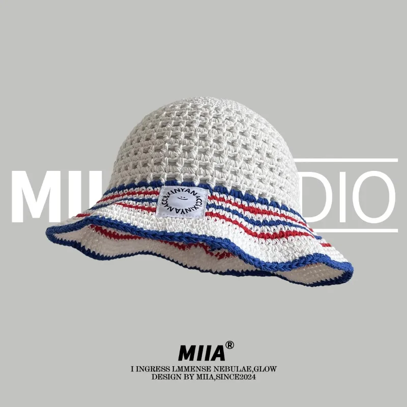 

Spring and Summer Hand-knitted Wool Hollow Men Bucket Hat Outdoor Sunshade Breathable Soft Top Color Matching Women's Sun Cap