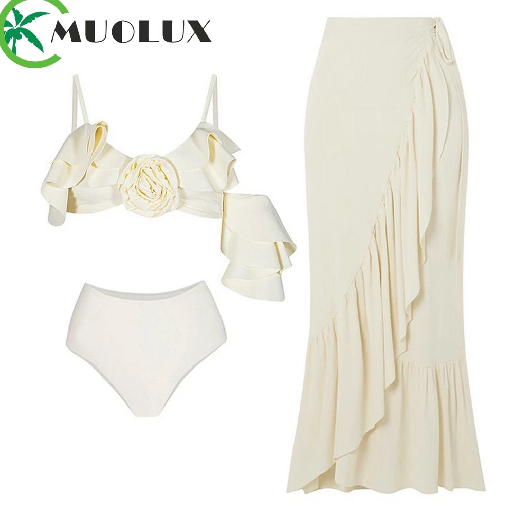 

MUOLUX 2023 New Sexy Push Up Ruffle Bikini Set Swimwear Women Solid Biquini Skirt Cover Up Brazilian Beach Swimming Suit Dress