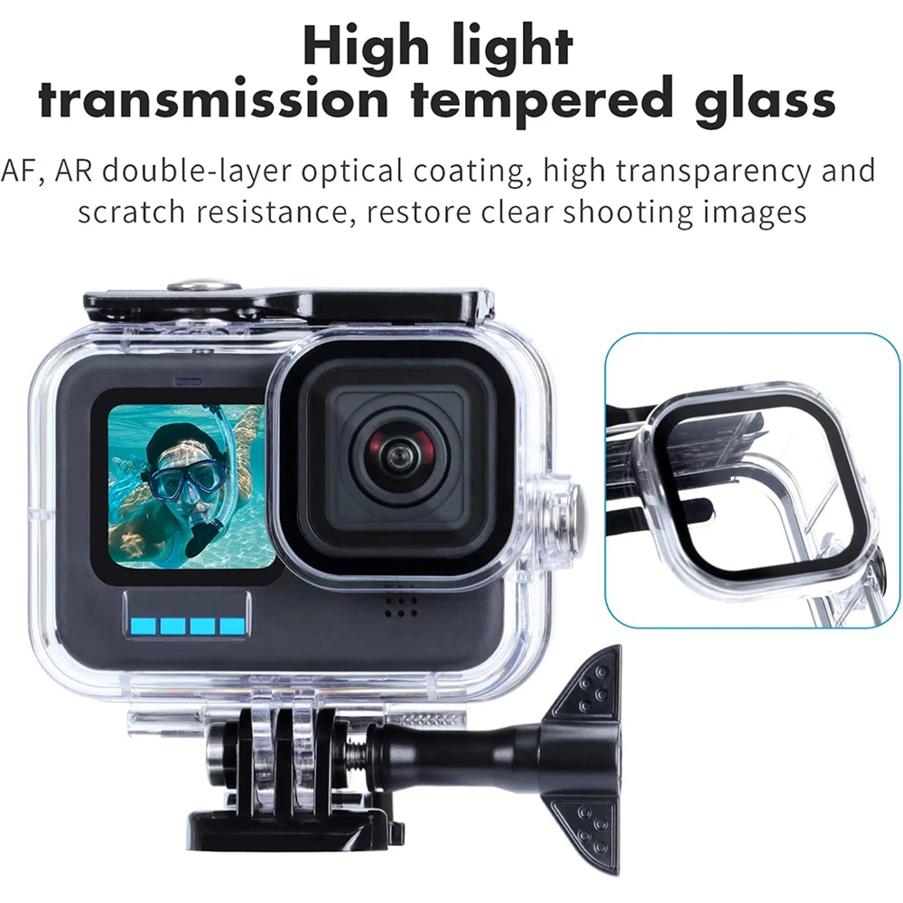 Coque de protection étanche pour GoPro, profil latéral présentant l'épaisseur du caisson et les joints d'étanchéité.