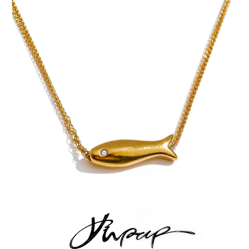 Yhpup Stainless Steel Zircon Fish Necklace Gold & Platinum PVD Plated