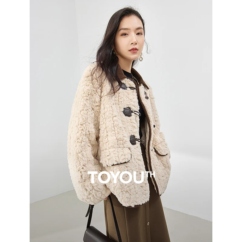 

Toyouth Women Plush Coat 2023 Winter Long Sleeve Lapel Loose Jacket Cow Horn Buckle Fashion Warm Soft Khaki Clothes Tops