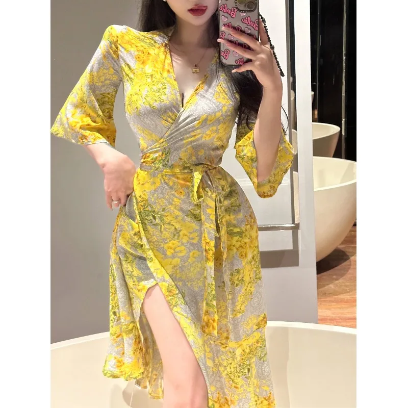 

Chiffon Dress Feminine Style V-neck Waistband Floral Yellow War Robe Slit Long Skirt Mesh Red