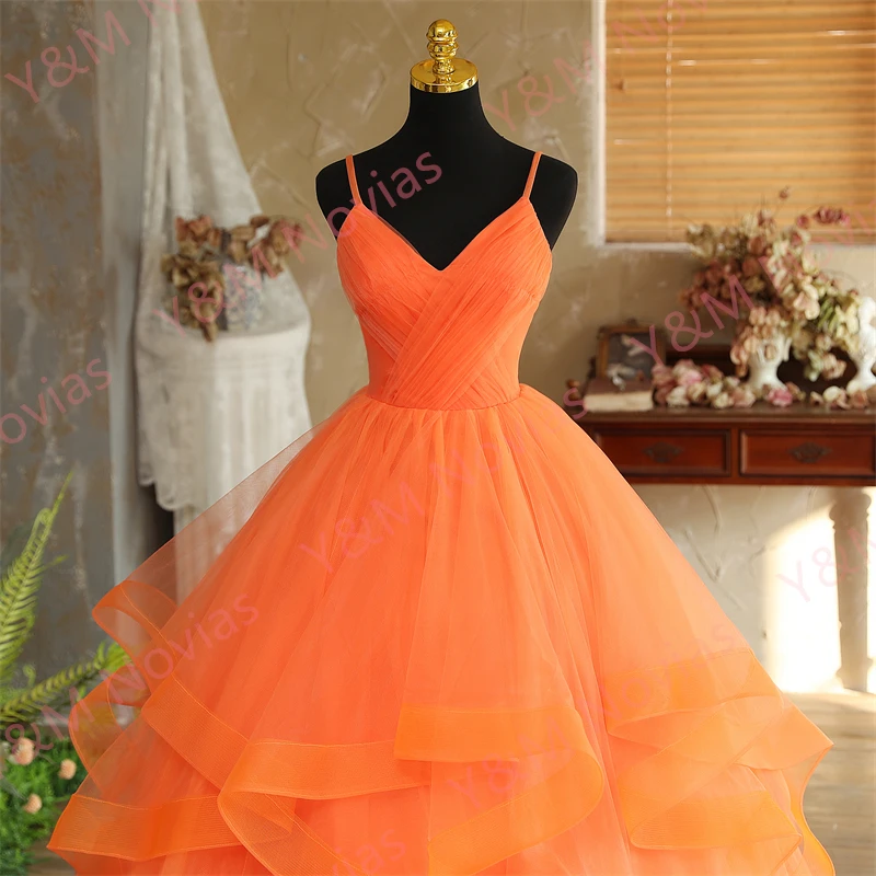 Orange Quinceanera Dresses Spaghetti Straps Sleeveless V-neck Party Prom Vestidos De Quinceaneras Gown New