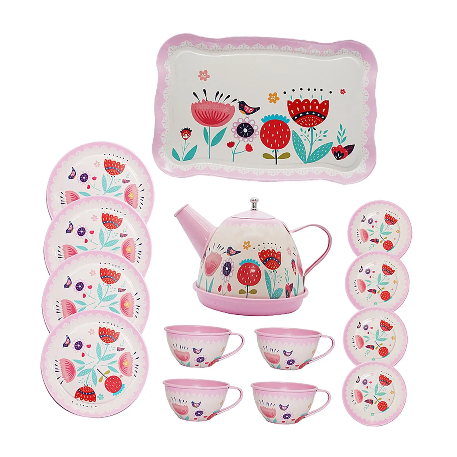 Kids Tea Set Metal Teapot Cups Dishes Afternoon Tea Playset for Age 3 4 5 6